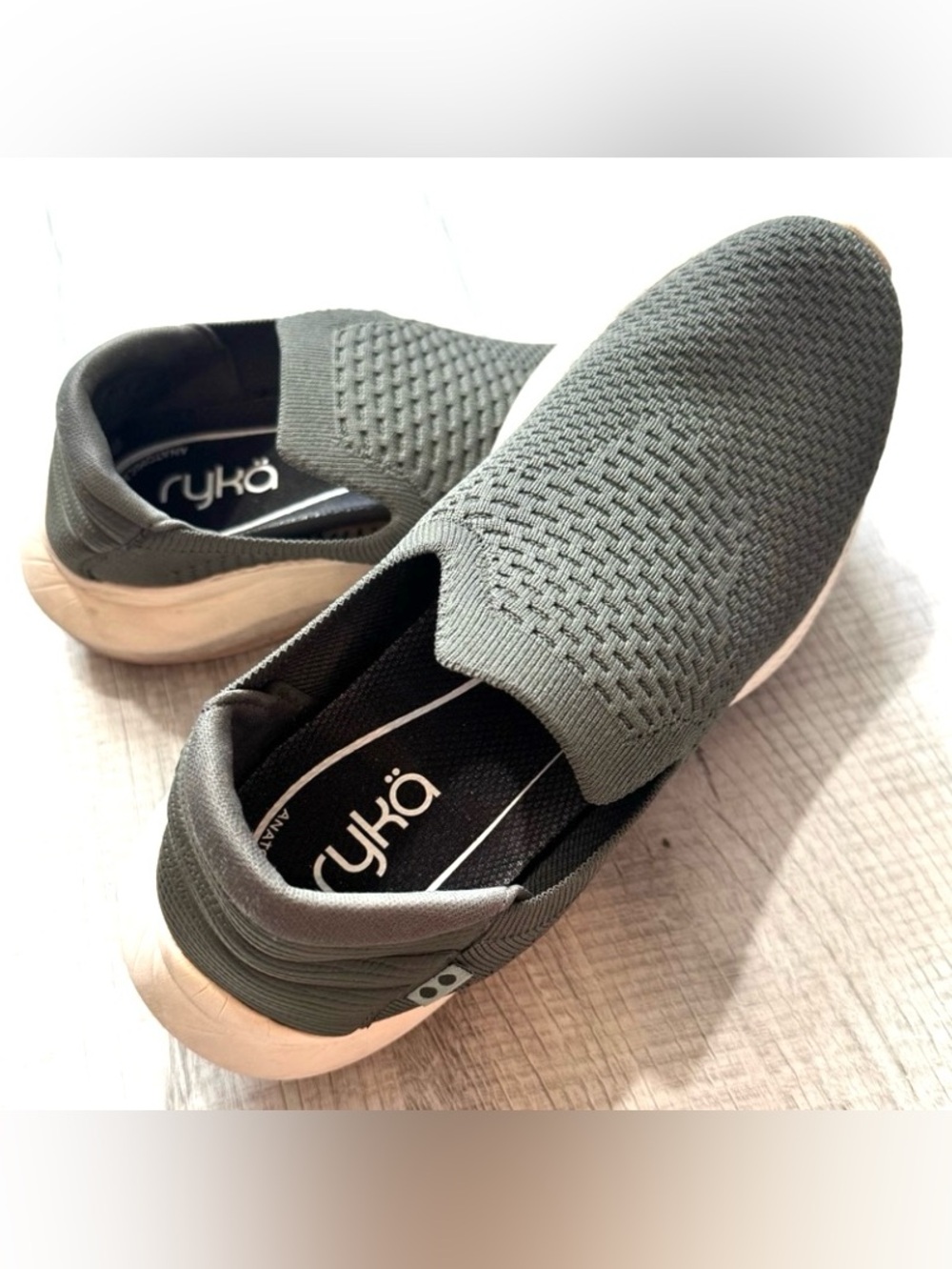 Ryka Slip-On Knit Athletic Shoes in Olive Green and Cream super comfortable